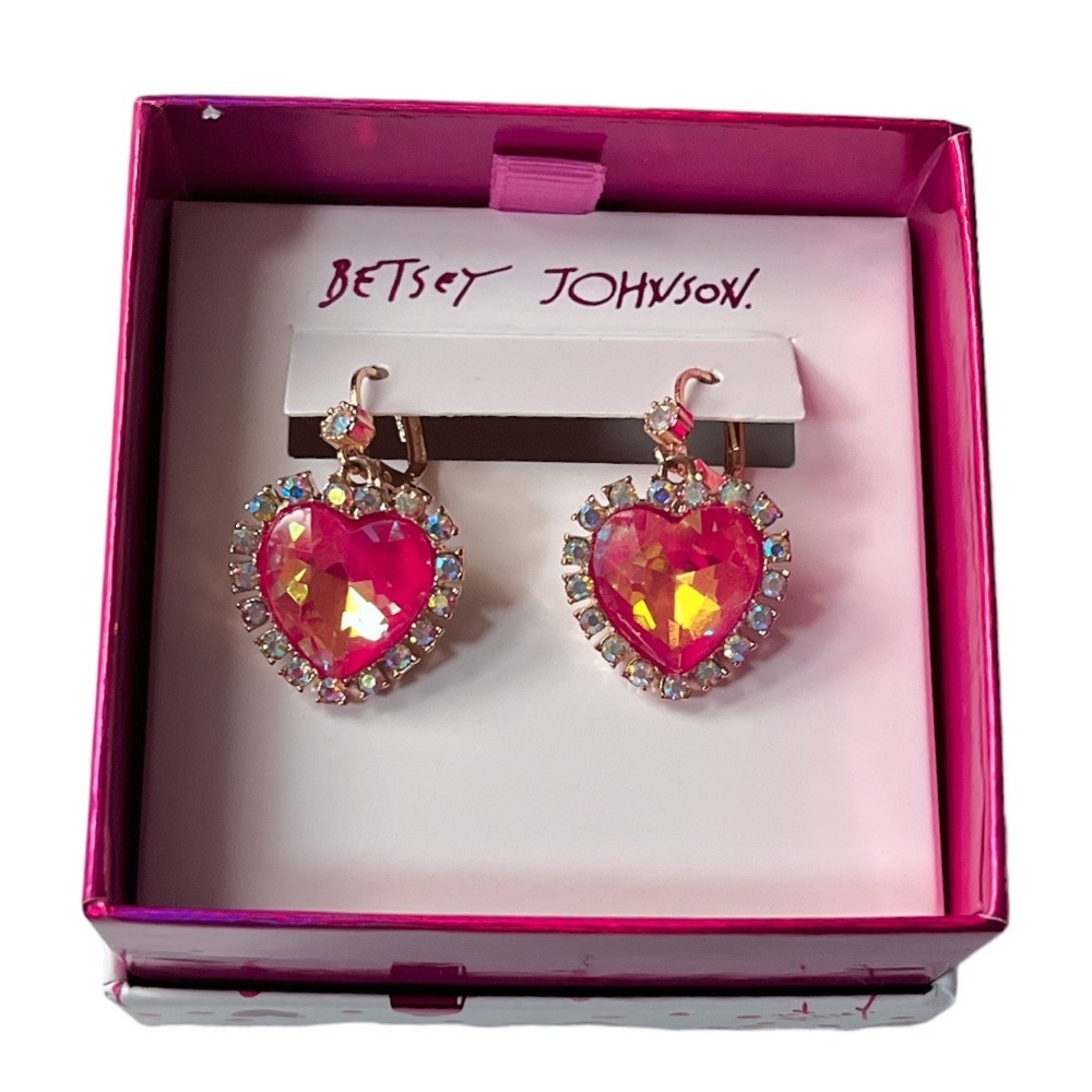 Betsey Johnson Heart Drop Rhinestone Earrings Pink Gold Tone